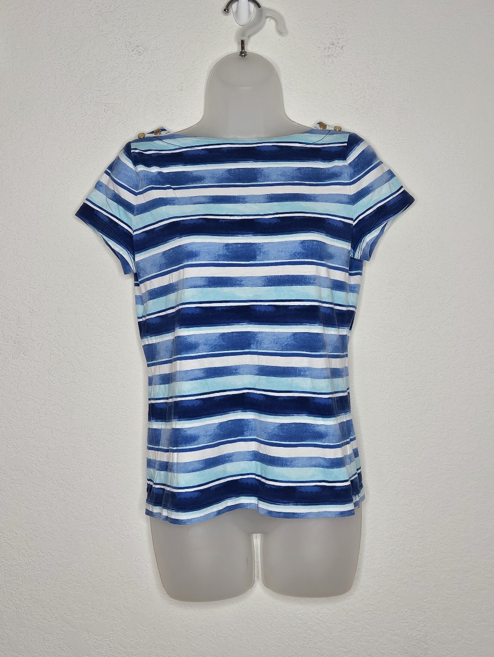Chaps Cotton Blue Striped Nautical Tee Gold Button Shoulder Top PM Medium